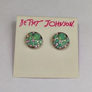 Betsey Johnson Iridescent Green Crystal Cluster Stud Earrings